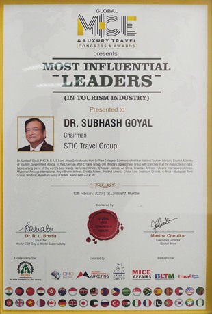 Award for Most Influential Leaders in Tourism Industry Presented to our Chairman Mr. Subhash Goyal Confered by Global Mice & Luxury Travel Congress & Awards at Taj Lands End, Mumbai on 12th February, 2020