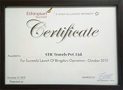 Certificate for Successful launch of Ethiopian Airlines Bengaluru Operations - October 2019